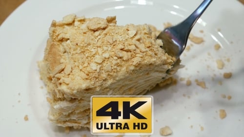 Close Up of Cake Slice Being Cut With Fork