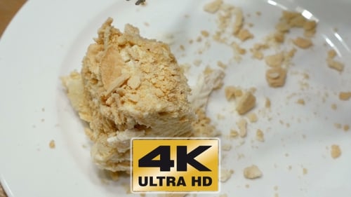 Fork Cutting Piece of Cake on Plate