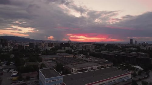 City Skyline with Red Sunset Clouds in Sofia Bulgaria