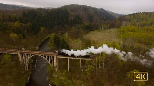 Vintage Steam Train Crossing Bridge in Verdant Countryside