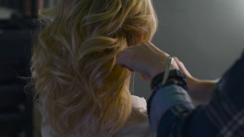 Blond Female In Hair Salon. Hairdresser On Background