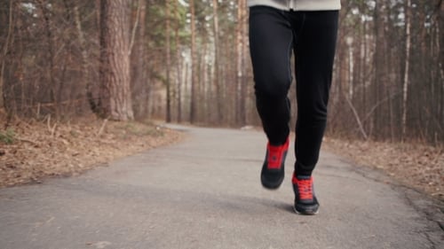 Person Running Through Forest on Paved Path