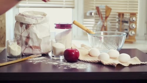 Baking ingredients arranged on a kitchen counter