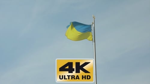 Ukrainian Flag Waving Proudly Against Clear Blue Sky