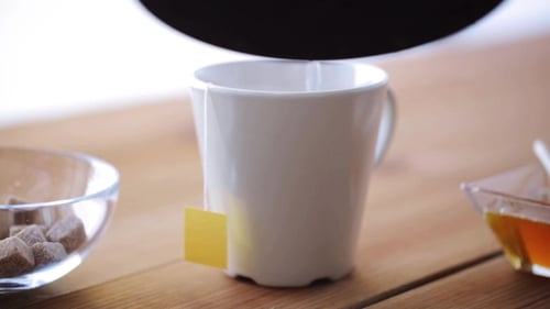 Hot Water Pouring From Kettle To Cup With Tea Bag 24