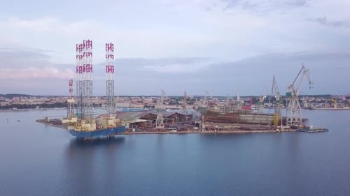 Industrial Port With Shipyard and Offshore Oil Rig
