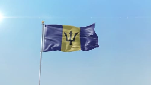 Realistic Barbados Flag Waving in Blue Sky