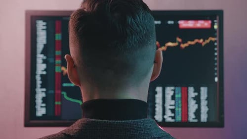 Rückansicht des Geschäftsmannes analysiert den Absatzmarkt, Rückansicht des Börsenmaklers arbeitet mit Finanzen zusammen