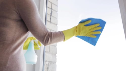 Woman Cleaning Window with Cloth and Spray