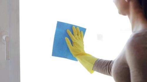 Woman Cleaning a Bright Window with Blue Cloth