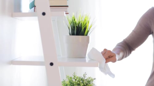 Woman With Duster Cleaning Shelf From Dust At Home 49