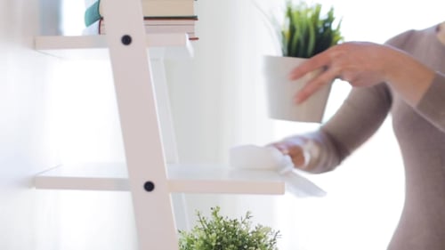 Woman With Duster Cleaning Shelf From Dust At Home 50