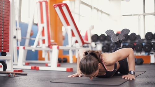 Brunette Woman At Gym Push Up Push-up Workout Exercise