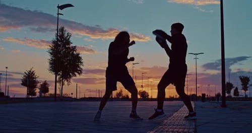African Fighter and Coach are Training Together Against Beautiful Sunset in City Park Prores