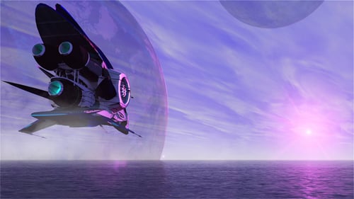 Futuristic Spaceship Flying Over Alien Ocean Planet