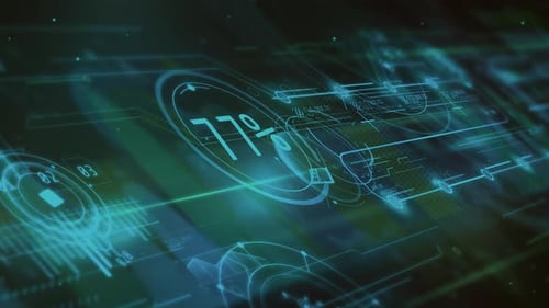 Futuristic Digital HUD Interface with Corporate Data Display