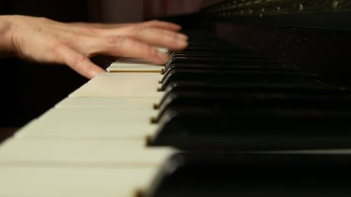 Hands Play Piano Keyboard Close Up