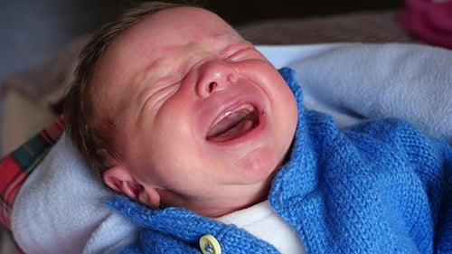 Crying Newborn Baby in Blue Sweater Close Up