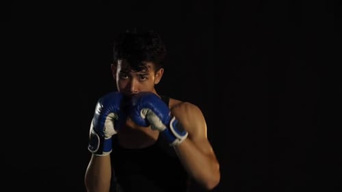 Young Adult Boxer Punching with Blue Boxing Gloves