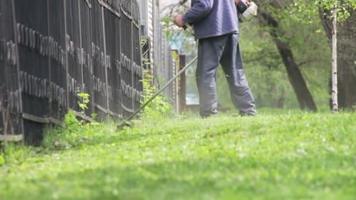 Gardener Mows The Lawn Mower Green Grass