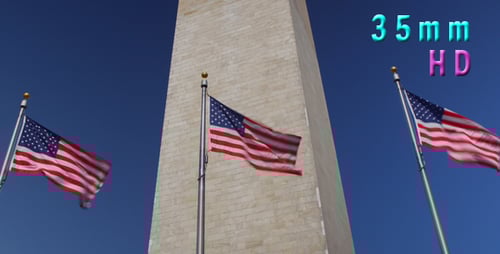 Washington Monument and American Flags Waving in Breeze