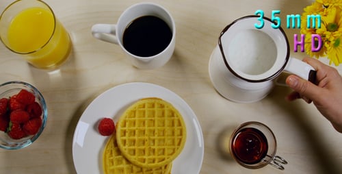 Delicious Waffle Breakfast With Coffee, Juice, and Fruit