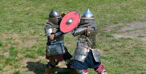Medieval Knights Fighting with Swords and Shields
