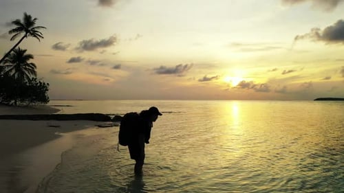 Woman posing on exotic sea view beach lifestyle by turquoise ocean and white sand background of the