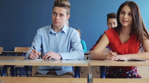 Students With Notebooks Writing Test At School 16