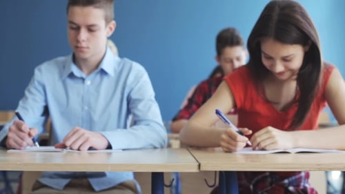 Students With Notebooks Writing Test At School 17