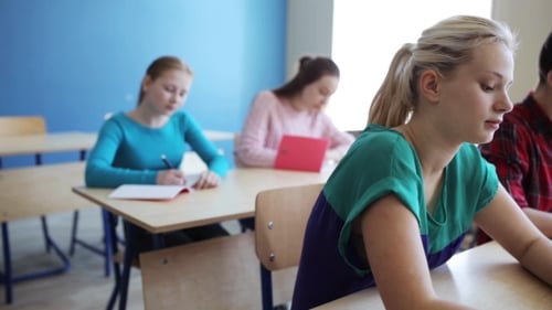Schreibtest für Schüler mit Notizbüchern in der Schule 3