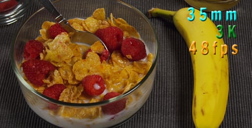 Breakfast Scene Top View Cereal Raspberry Banana 19