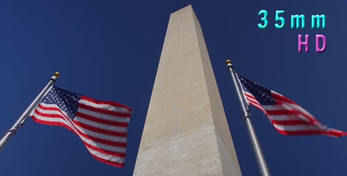 Washington Monument with United States Flags Waving