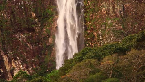A cascading waterfall on the side of a cliff with mist spraying the nearby plants - static view