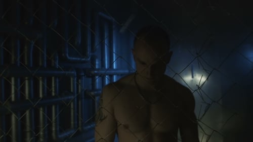 Bare-Chested Man Behind Fence with Chains