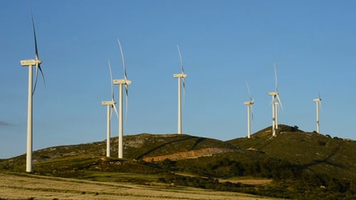 Wind Turbines Energy in Field at Sunset