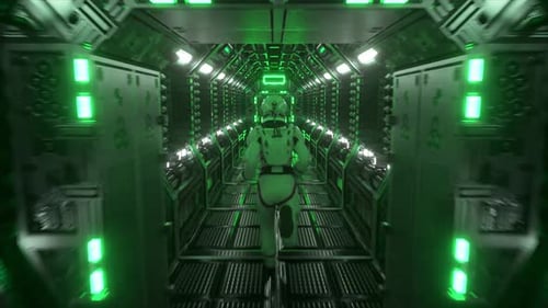 Astronaut Runs Through a Tunnel to Another Compartment of the Space Gate