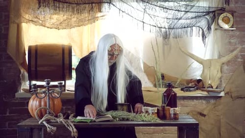 Performer in Costume Reads Fantasy Book
