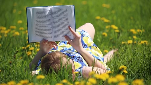 Woman Reads Book Lying in Sunny Dandelion Field