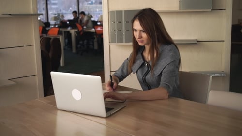 Woman Working At Desk With Laptop In Office