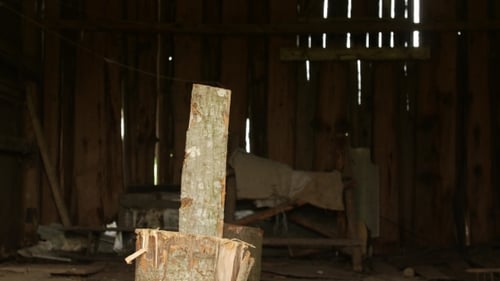 Man's Hand With An Ax Chopping Wood.