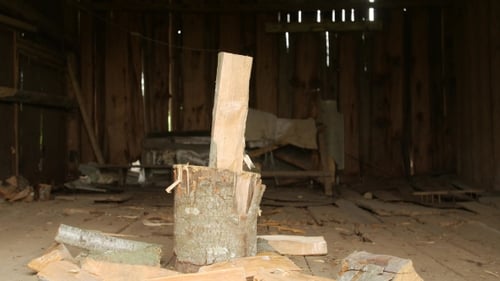 Man's Hand With An Ax Chopping Wood.
