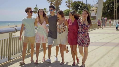 Friends Walking on Beach Boardwalk on Sunny Day