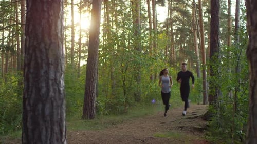 Sportive Couple Running in Forest in the Morning