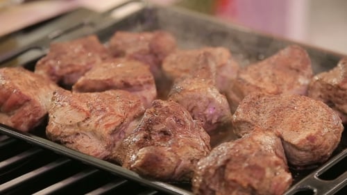 Sizzling Meat Cooking on Grill Pan