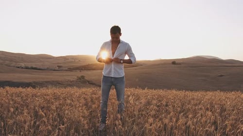 Camisa de remoção de modelo atraente no meio do campo de trigo em um dia quente de verão