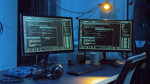 Two Monitors with Code in Dark Room