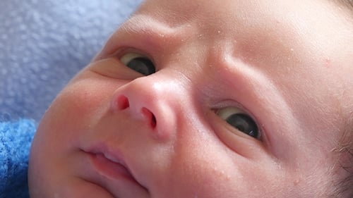 Newborn Infant Face Close Up, Opening Eyes