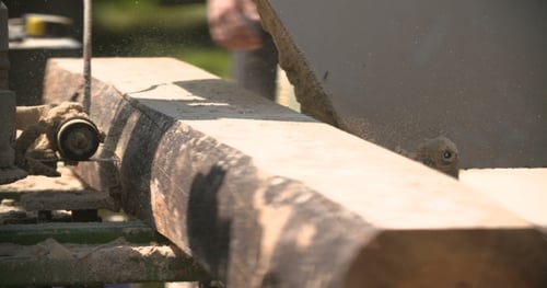 Máquina de serraria cortando um galho de árvore em uma viga de madeira