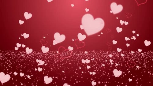 Romantic Red Background with Falling Hearts and Glitter